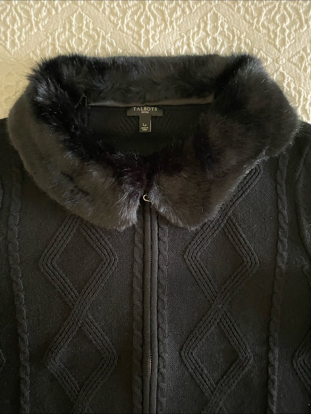 Talbots Black Knit Zip Cardigan with Faux Fur Trim • Petite Large - Picture 3 of 15